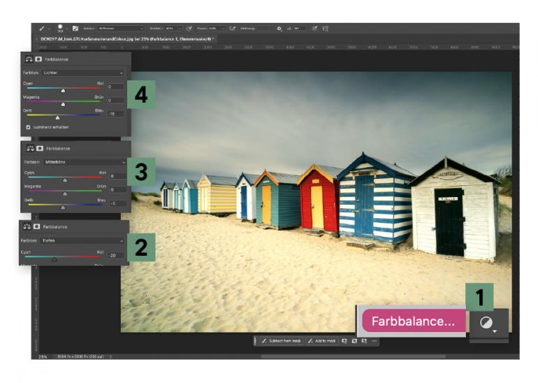 Mit drei Farbbalance-Ebenen für Tiefen, Mitteltöne und Lichter gelingt ein schlichtes, aber wirkungsvolles Color-Grading.