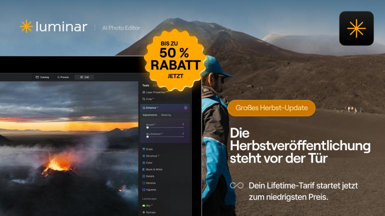 Skylum kündigt für den Herbst das bislang umfangreichste Luminar-Update an. Begleitend dazu ist die Software aktuell mit bis zu 50 Prozent Rabatt erhältlich.