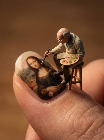 Die Szene wirkt fantasievoll und detailreich, weil Kunst hier im Miniaturformat dargestellt wird. Das Bild steht für Kreativität, Geduld und die besondere Kraft, aus etwas Kleinem etwas Großes entstehen zu lassen.