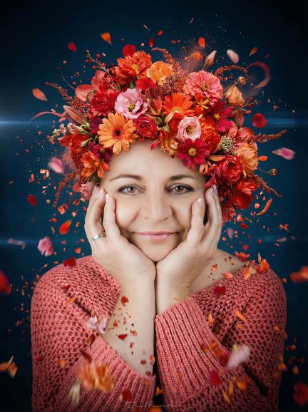 Ein Porträt meiner Frau, deren lebensfrohe Art und warmherzige Persönlichkeit ich durch kräftige Farben und florale Elemente sichtbar machen wollte.