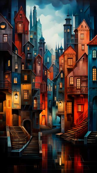 Eine fantasievolle Stadt mit hohen, schmalen Häusern, Treppen und vielen leuchtenden Fenstern erscheint in kräftigen Blau-, Orange und Rottönen.