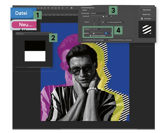 Ein diagonales Streifenmuster erweitert die Farbflächen um ein grafisches Element. So erhält die Komposition zusätzliche Struktur und erinnert noch stärker an gedruckte Pop-Art-Grafiken.