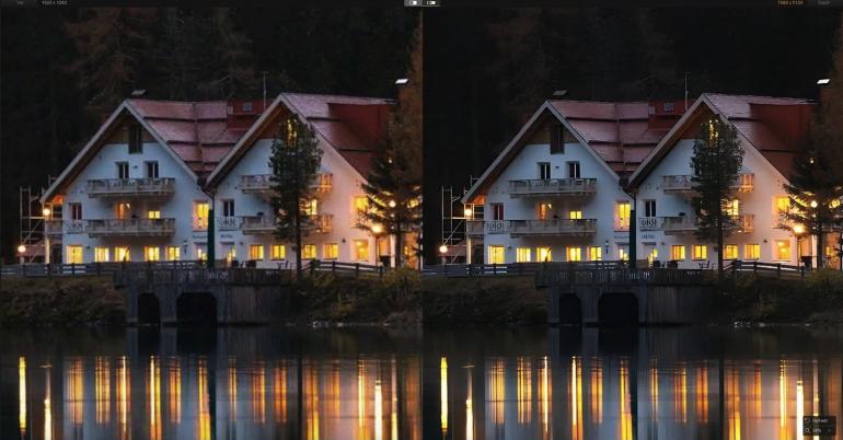 Vorher und nachher: Bei der Low-Light-Aufnahme werden Rauschen und Unschärfen reduziert, während Konturen und feine Strukturen deutlicher hervortreten.
