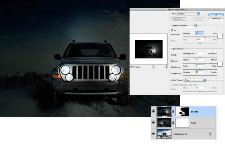 Photoshop: Autoscheinwerfer nachträglich beleuchten